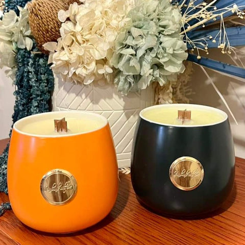 Ready Made Candle in Orange Ceramic Handmade with Love Vessel