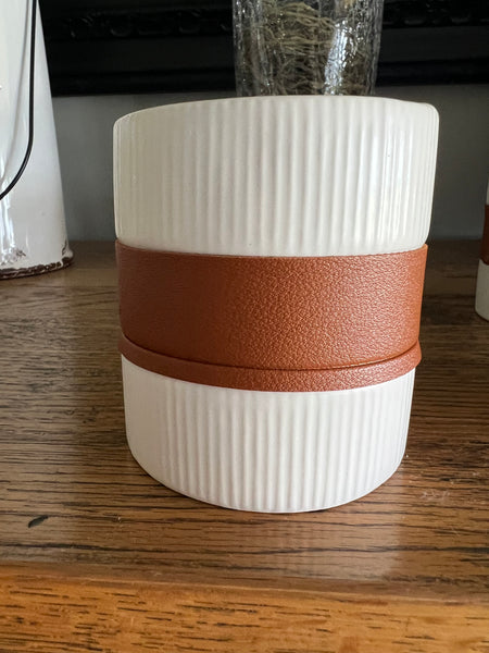 White Striped Ceramic Vessel with Leather band